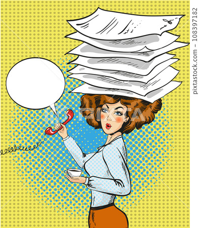 Vector illustration of busy woman in retro pop art style. 108397182