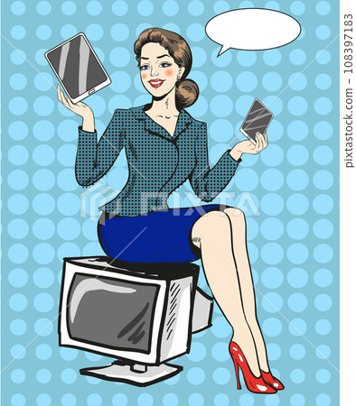 Vector illustration of young lady advertising gadgets, pop art style Vector illustration of young lady advertising gadgets, pop art style 108397183