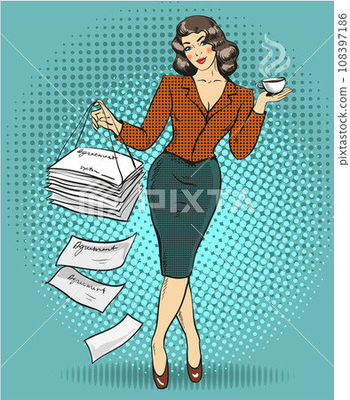 Vector illustration of business woman in retro pop art style. Vector illustration of business woman in retro pop art style. 108397186