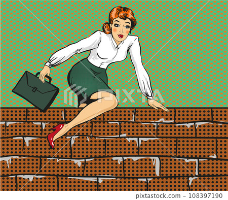 Vector illustration of woman climbing over fence, pop art style 108397190
