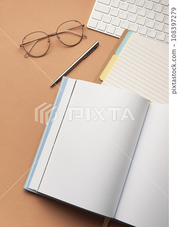 Flat lay, top view office table desk. Flat lay, top view office table desk. 108397279