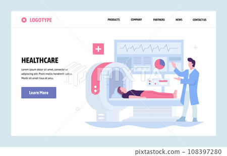 Vector web site linear art design template. Healthcare and medical research. Doctor makes medical check up with MRI tomography. Landing page for website and mobile development. Modern illustration 108397280