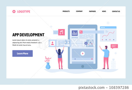 Vector web site linear art design template. Mobile phone app development. Landing page smartphone applications concepts for website and mobile development. Modern flat illustration. 108397286