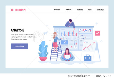 Vector web site linear art design template. Business team do data analysis using finance chart and dashboard. Landing page concepts for website and mobile development. Modern flat illustration. 108397288