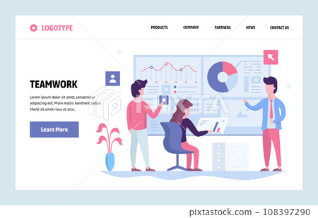 Vector web site linear art design template. Business team working together with finance dashboard in office. Landing page concepts for website and mobile development. Modern flat illustration. Vector web site linear art design template. Business team working together with finance dashboard in office. Landing page concepts for website and mobile development. Modern flat illustration. 108397290
