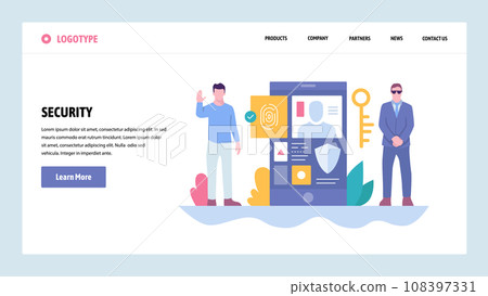 Vector web site gradient design template. Cyber security and secure access. Mobile phone fingerprint login. Landing page concepts for website and mobile development. Modern flat illustration. Vector web site gradient design template. Cyber security and secure access. Mobile phone fingerprint login. Landing page concepts for website and mobile development. Modern flat illustration. 108397331