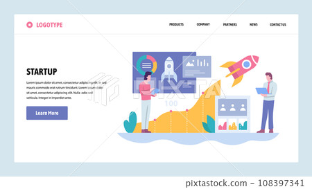 Vector web site gradient design template. Business technology sratrup. Rocket launch. Landing page concepts for website and mobile development. Modern flat illustration. Vector web site gradient design template. Business technology sratrup. Rocket launch. Landing page concepts for website and mobile development. Modern flat illustration. 108397341