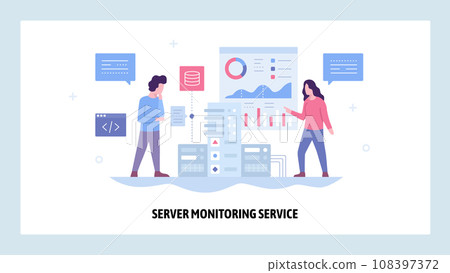 Vector web site design template. Data center server monitoring system. Network and computer performance chart. Landing page concepts for website and mobile development. Modern flat illustration 108397372