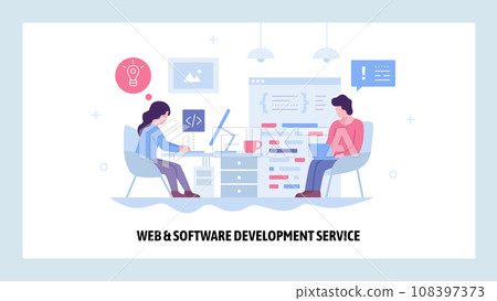 Vector web site design template. Software project development. Team of coders work together. Landing page concepts for website and mobile development. Modern flat illustration 108397373