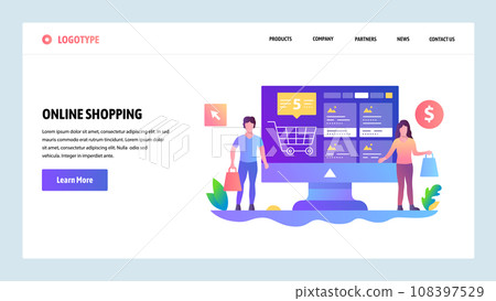 Vector web site design template. Online shopping, internet store. Landing page concepts for website and mobile development. Modern flat illustration. Vector web site design template. Online shopping, internet store. Landing page concepts for website and mobile development. Modern flat illustration. 108397529