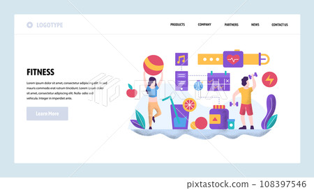 Vector web site design template. Fitness and healthy lifestyle. Couple working out in gym. Landing page concepts for website and mobile development. Modern flat illustration Vector web site design template. Fitness and healthy lifestyle. Couple working out in gym. Landing page concepts for website and mobile development. Modern flat illustration 108397546