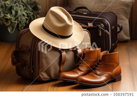 Tourism or travel concept. Leather bag, boots, hat. Generative AI 108397591