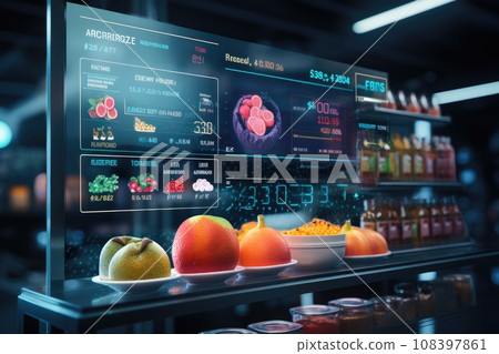 Supermarket has a wide aisle full of fruit and vegetables, bright lighting from bulbs. Generative AI Supermarket has a wide aisle full of fruit and vegetables, bright lighting from bulbs. Generative AI 108397861