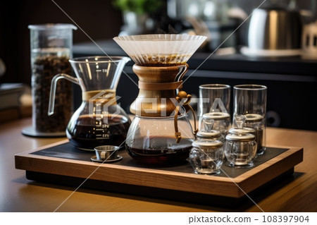 coffee drip set on table at cafe. Generative AI 108397904