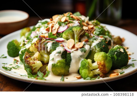 Fresh broccoli and cauliflower salad with Tahini dressing on plate 108398118