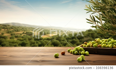 Old wooden table for product display with natural green olive field and green olives 108398136
