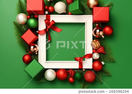Mockup Empty Frame and Christmas baubles decoration. Generative AI 108398204