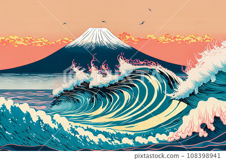 浮世繪風格的富士山和高浪 AI 生成的圖像 浮世繪風格的富士山和高浪 AI 生成的圖像 108398941