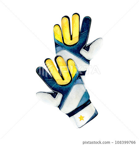 Watercolor drawing of two football goalkeeper gloves yellow blue white with yellow star. Scillfully painted soccer accessories isolated on white background. For logo banners icon cards posters sticker 108399766