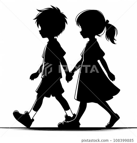 一個男孩和一個女孩走路的側面輪廓 108399885