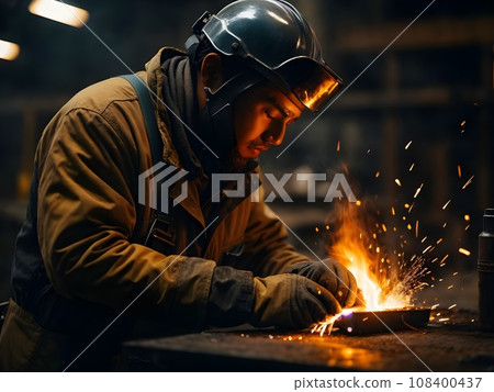 Portrait of a welder working in a factory. He is wearing protective clothing and welding mask. Portrait of a welder working in a factory. He is wearing protective clothing and welding mask. 108400437