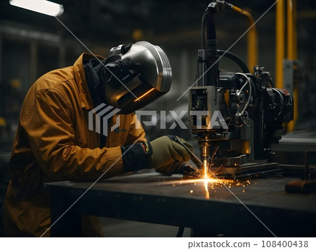 Portrait of a welder working in a factory. He is wearing protective clothing and welding mask. Portrait of a welder working in a factory. He is wearing protective clothing and welding mask. 108400438