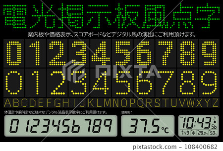 Electric bulletin board style dot characters/LCD display numbers vector data 108400682