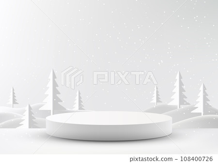 White Christmas Podium on Snowy Background, Product Display Stand Showcase White Christmas Podium on Snowy Background, Product Display Stand Showcase 108400726