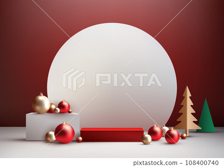 Christmas Podium Decoration with Gold and Green Pine Tree, Gold and Red Balls 108400740