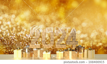 The 2024 gold and gift box for celebration concept 3d rendering. 108400915