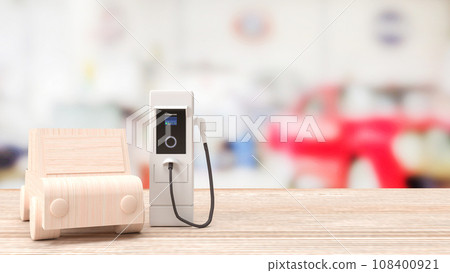 Ev station and wood car on Table for Technology concept 3d rendering Ev station and wood car on Table for Technology concept 3d rendering 108400921