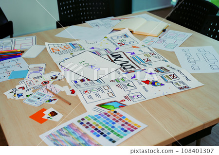 Team of Creative Web, Graphic Designer planning for mobile phone, drawing website ux ui app for mobile phone application and development template layout, process to developing prototype wireframe 108401307