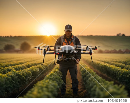 Farmer operating drone on the field at sunset, agriculture concept. 108401666