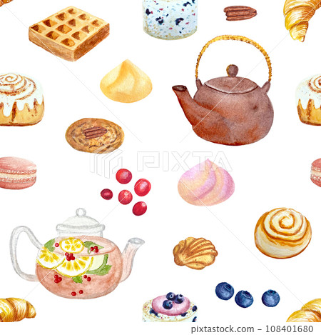 Watercolor teapot and desserts pattern isolated on white 108401680