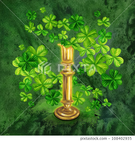 Watercolor green shamrock and gold candlestick for St. Patrick's Day, magic, treasure. 108402935