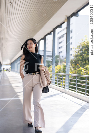A confident and gorgeous Asian businesswoman or female CEO is walking on a skywalk or footbridge. 108403515