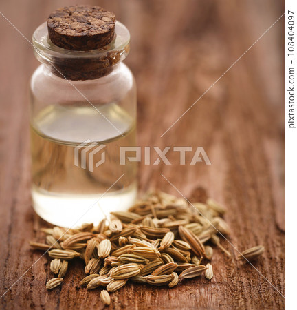 Fennel seeds with essential oil in a bottle 108404097