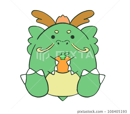 A loose hand-drawn dragon facing forward and holding a mandarin orange 108405193