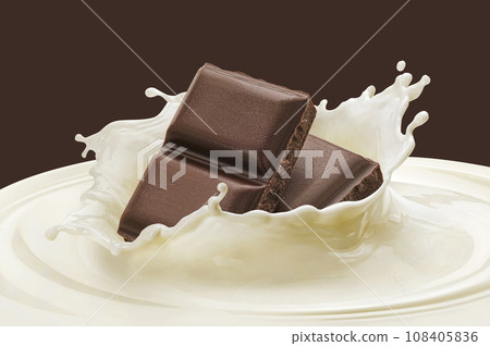 Falling chocolate bars in milk splash with copy space 108405836