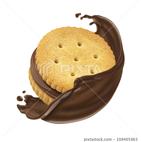 Sandwich cookie and chocolate splash isolated on white background Sandwich cookie and chocolate splash isolated on white background 108405863