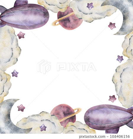 Watercolor hand drawn illustration, magical cosmos universe, clouds, stars planets, airship balloon. Circle wreath frame Isolated on white background. For kids, children bedroom, fabric, linens print 108406156