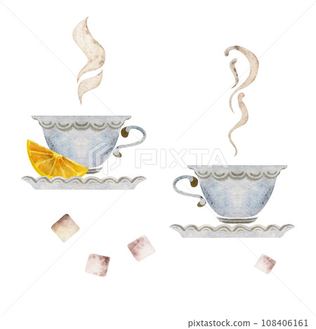 Watercolor hand drawn illustration. Porcelain tea cups with saucers, sugar cubes, lemon slices, creamer. Isolated on white background For invitations, cafe, restaurant food menu, print, website, cards 108406161