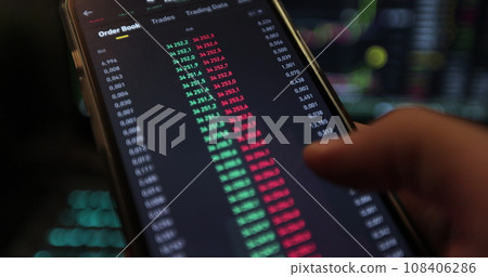 Bitcoin trading with price evolution. View at app on the screen of the laptop. Graph of crypto currency online. Stock exchange market chart of ethereum. 108406286