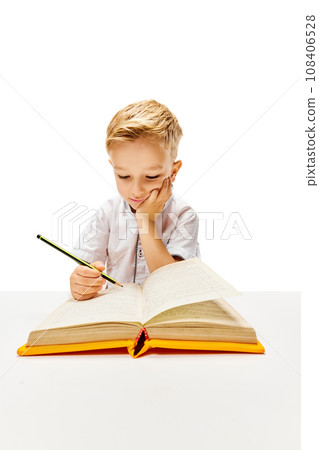 Boring pupil, boy of elementary class sitting with opened book, doing homework. Child study and learn for preschool. Online education. 108406528