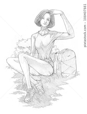 a beautiful woman in short hair wearing short pants with a long sleeves t-shirt sitting in a park a beautiful woman in short hair wearing short pants with a long sleeves t-shirt sitting in a park 108407881