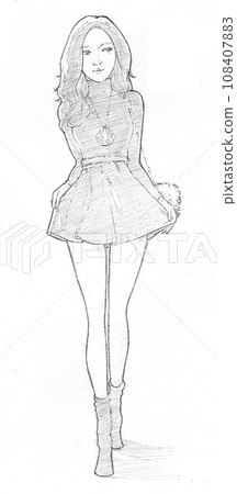 a beautiful Asian girl wearing a short skirt with high-heeled shoes 108407883