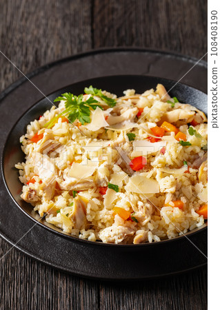 Chicken Fried Rice with vegetables in black bowl Chicken Fried Rice with vegetables in black bowl 108408190