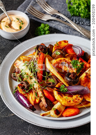 baked winter veggies and mushrooms on a plate baked winter veggies and mushrooms on a plate 108408199