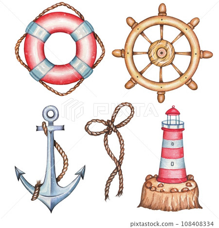 Marine set with lighthouse, helm, lifebuoy, ship anchors, rope. watercolor Marine set with lighthouse, helm, lifebuoy, ship anchors, rope. watercolor 108408334
