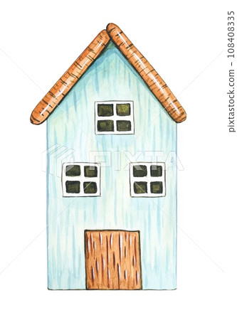 Simple decor in the form of a house, blue house for decoration, watercolor Simple decor in the form of a house, blue house for decoration, watercolor 108408335